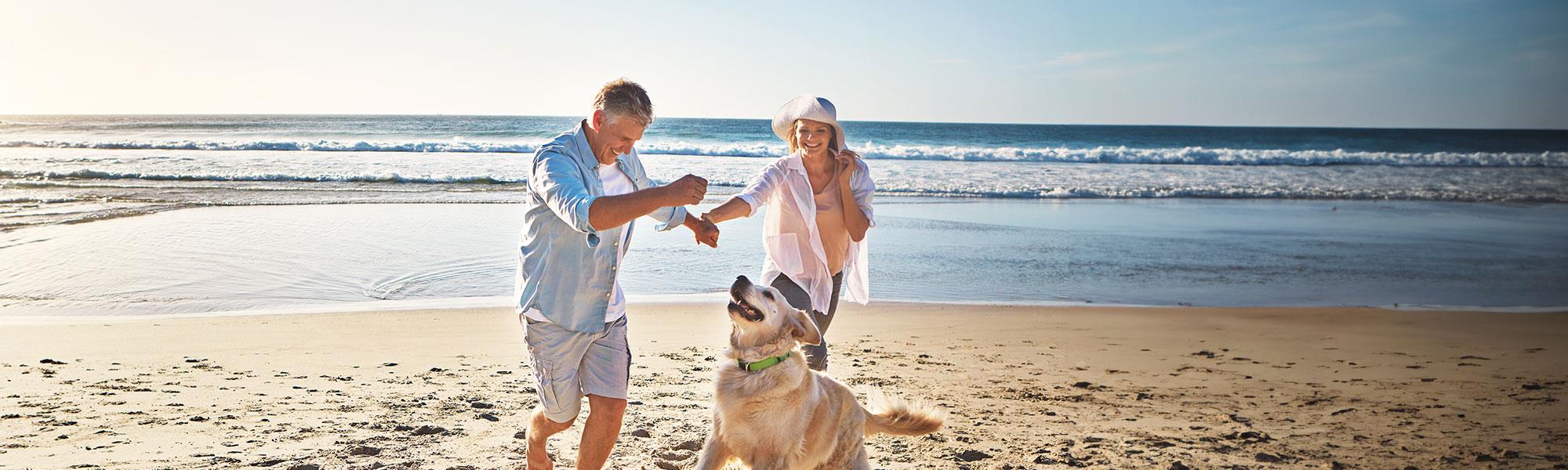 couple with dog on beach
